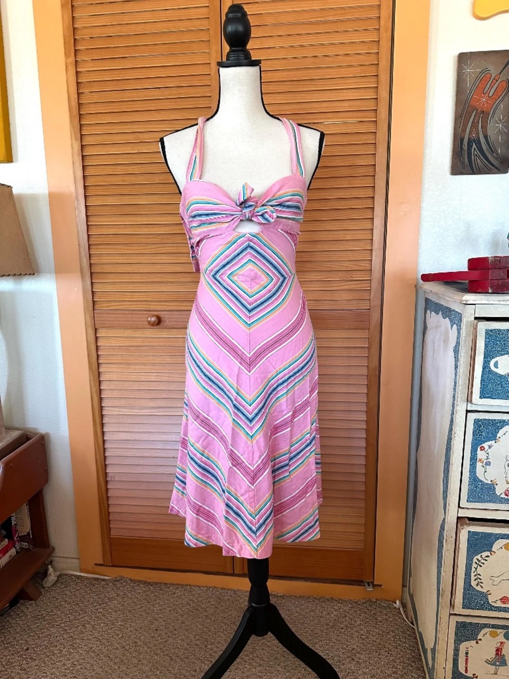 Vintage 70s Cotton Halter Dress: Rainbow Chevron Striped Sundress